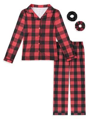 Girl's 2-Piece Plaid Pyjama Set & Hair Ties