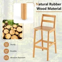 Set Of 2 Solid Rubber Wood Bar Stools 28" Dining Chairs With Backrests Natural