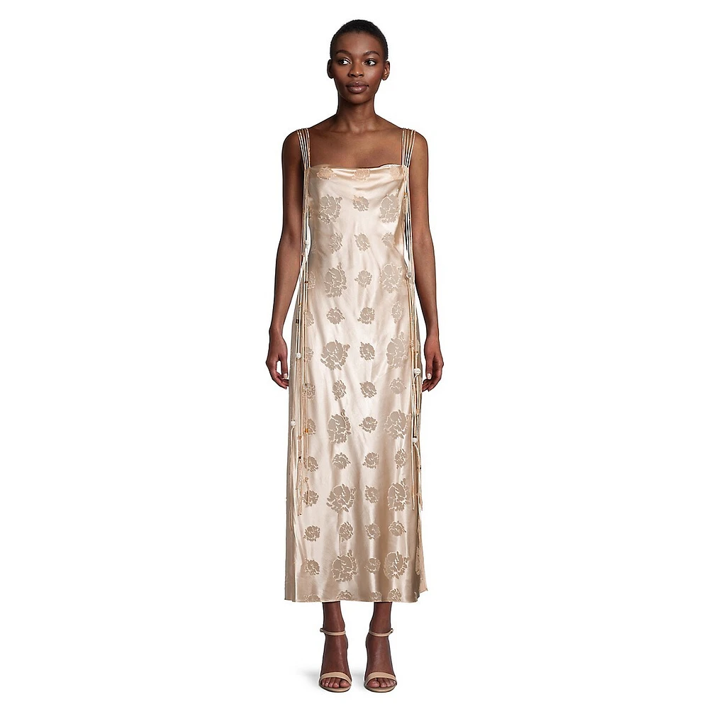 Drape-Strap Jacquard Satin Slip Dress