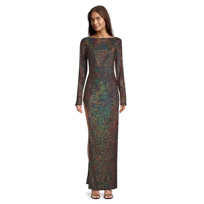 Multicolour Metallic Jersey Side-Slit Evening Gown