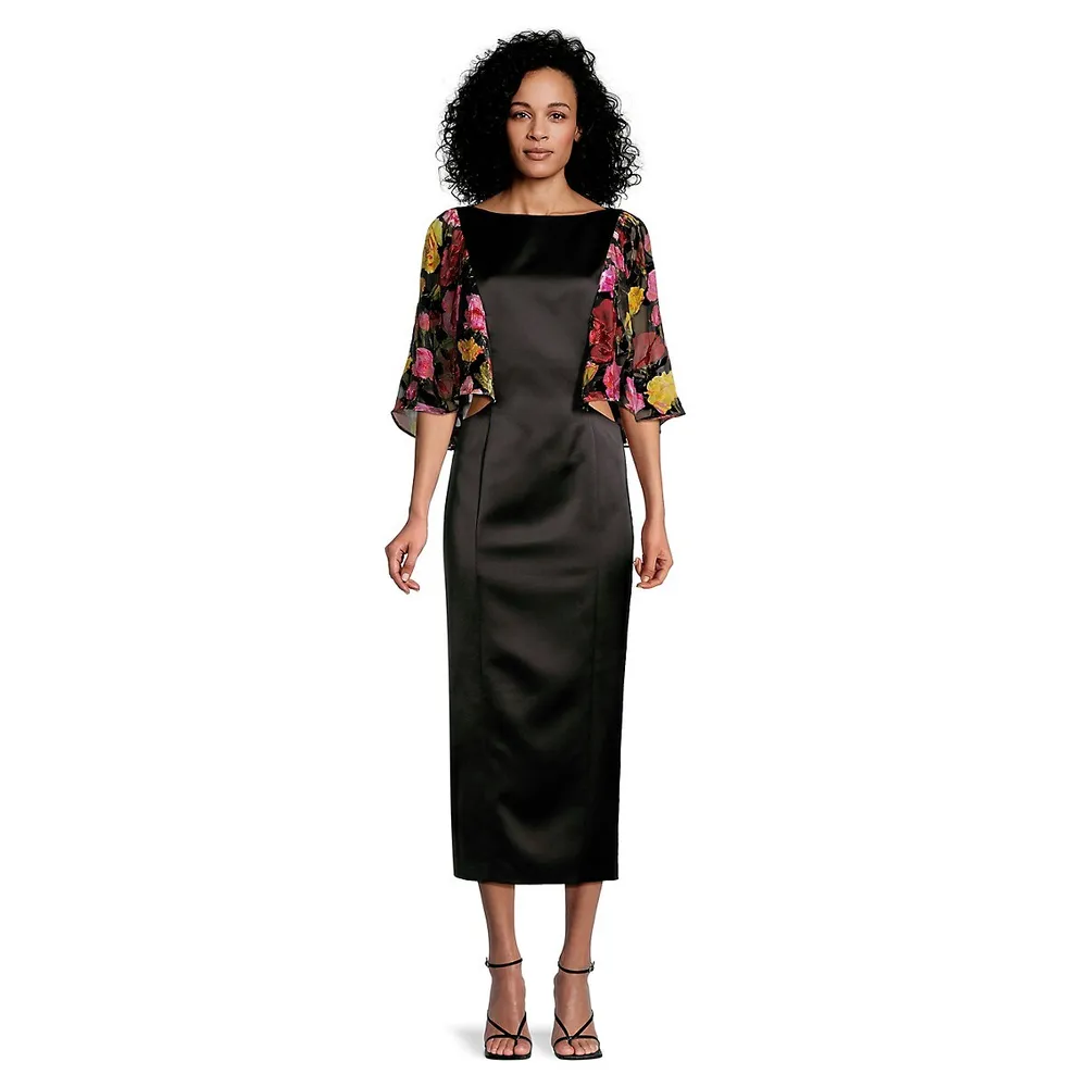 Floral Flounce Sleeve & Side Cutout Midi Dress