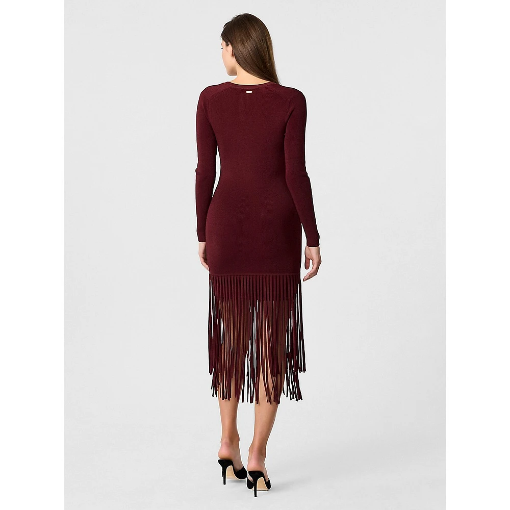 Mila Long-Sleeve Fringe-Hem Knit Midi Dress