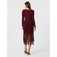 Mila Long-Sleeve Fringe-Hem Knit Midi Dress