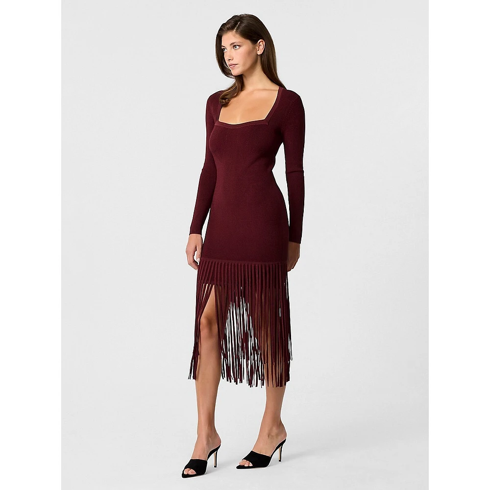 Mila Long-Sleeve Fringe-Hem Knit Midi Dress