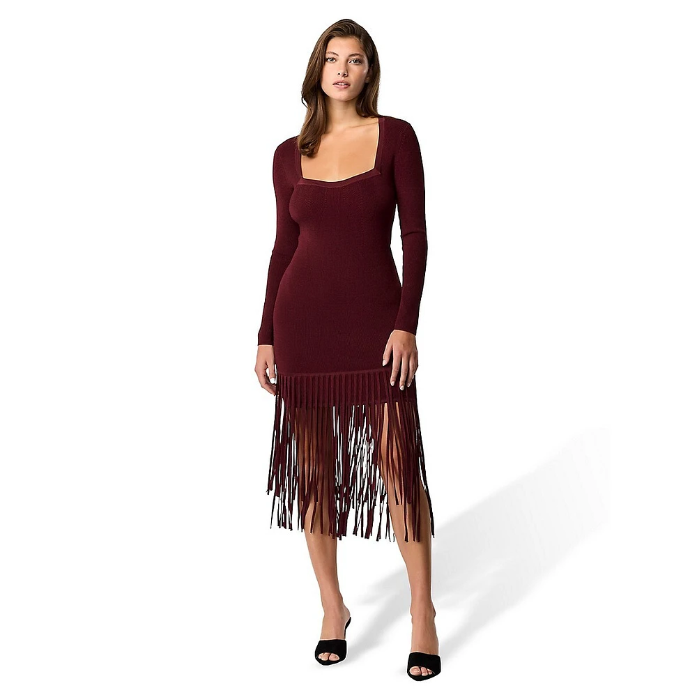 Mila Long-Sleeve Fringe-Hem Knit Midi Dress