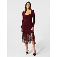 Mila Long-Sleeve Fringe-Hem Knit Midi Dress