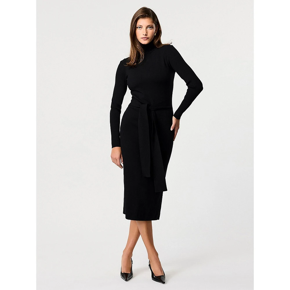 Logan Long-Sleeve Tie-Front Turtleneck Dress