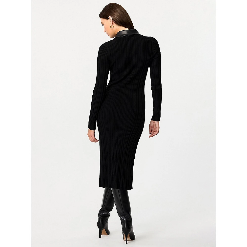 Medina Vegan Leather-Trim Ribbed Shirt Dress