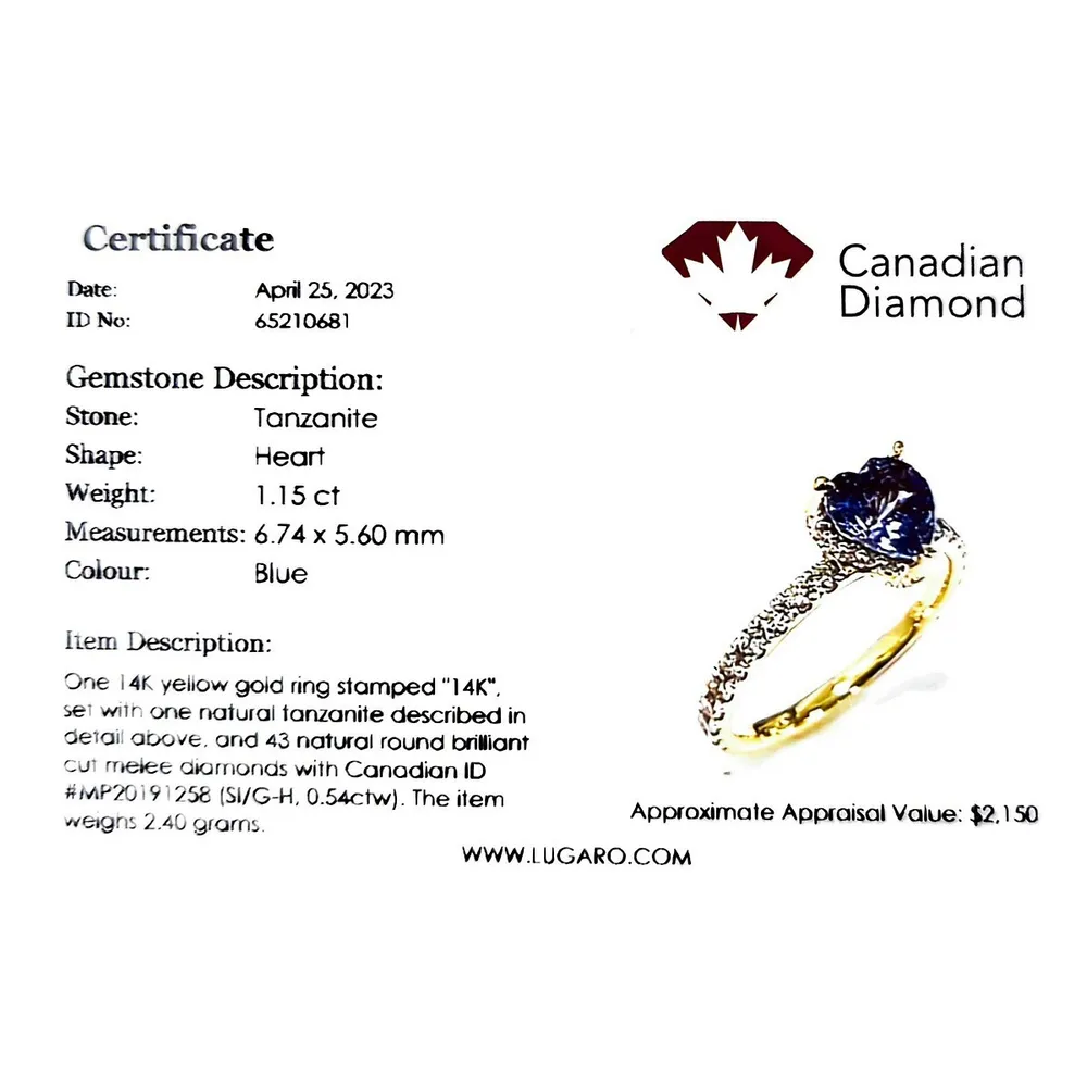 14k Yellow Gold 1.15 Ct Heart Shaped Tanzanite Gemstone & 0.54 Cttw Canadian Diamond Ring