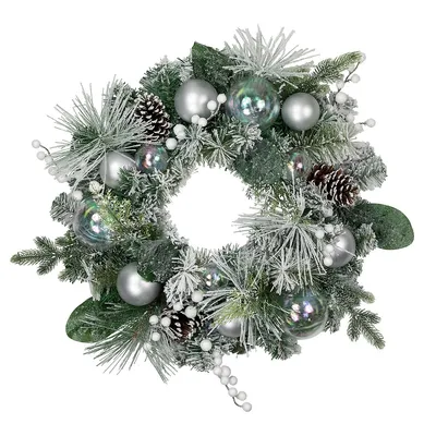 Flocked Pine Artificial Christmas Wreath With Iridescent Ornaments, 24-inch, Unlit