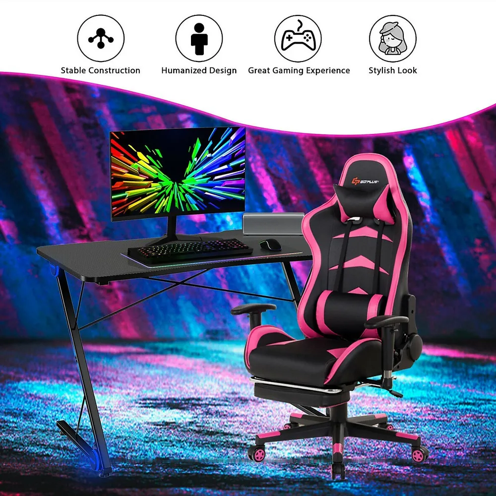 Costway 43.5 inch Gaming Desk Z Shape Office PC Computer Desk Gamer Tables  w/ LED Lights