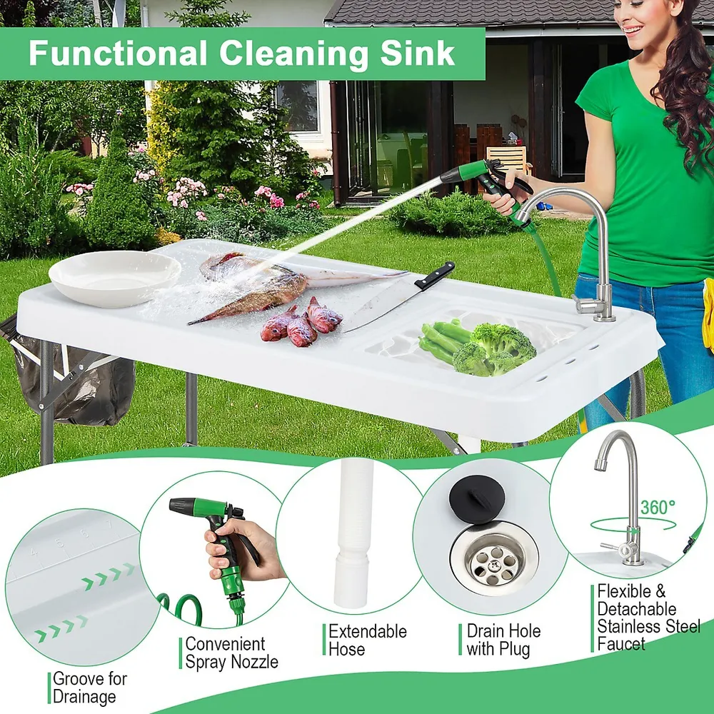 Folding Camping Table with Sink and Faucet, Portable Fish Cleaning