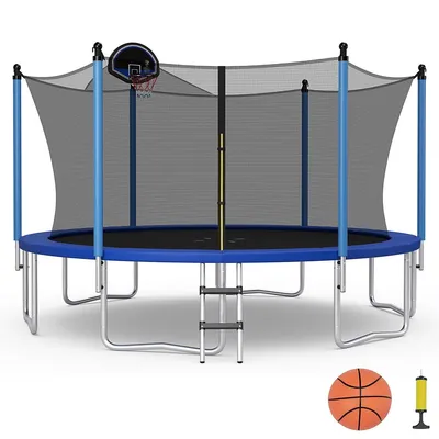 16ft Recreational Trampoline W/ Inner Enclosure Net Basketball Hoop Ladder Astm