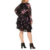 Women's Floral Printed Plus Tiered Swing Shift V Neck Mini Dress