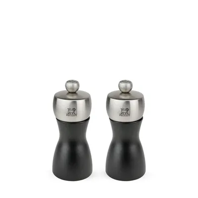 Fidji - Duo Of Salt And Pepper Mills In Wood And Stainless Steel, Black, 12 Cm