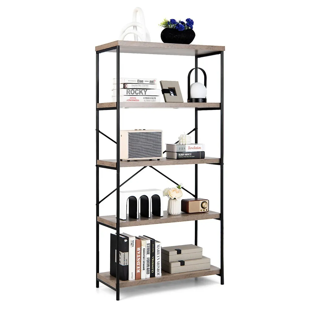 5-tier Rustic Industrial Bookshelf Wood Display Storage Rack With Metal Frame Grey