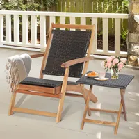 2pcs Patio Rattan Folding Lounge Chair Table Acacia Wood W/retractable Footrest