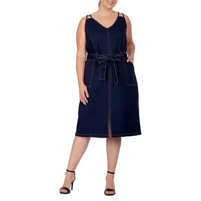 Women's Plus Denim Blue Double Strap Casual Midi Dress