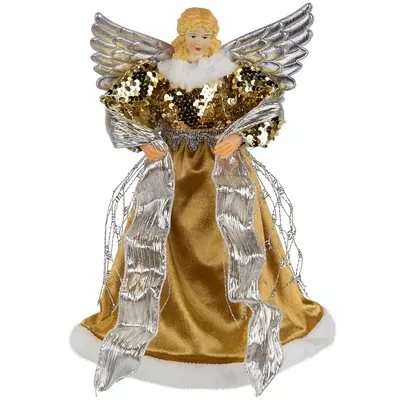 12" Metallic Bronze And Silver Sequined Angel Christmas Tree Topper, Unlit