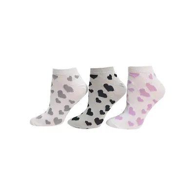 Women's 3-Pair Allover Hearts Organic Cotton-Blend Ankle Socks Pack