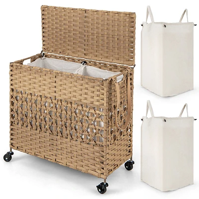 110l Laundry Hamper With Wheels Clothes Basket Lid & Handle 2 Liner Bags