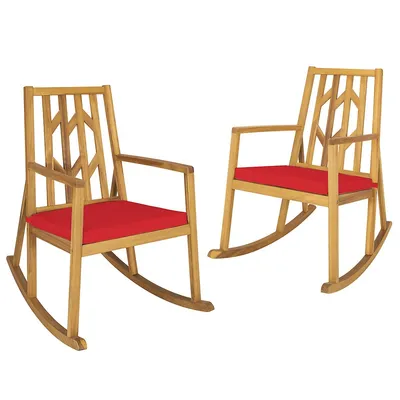 2 Pcs Patio Rocking Chair Acacia Wood Armrest Cushioned Sofa Garden Deck