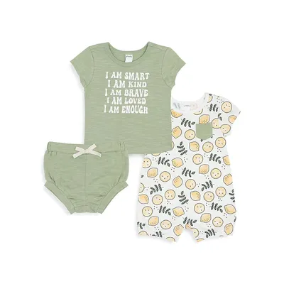 Baby Girl's 3-Piece Lemon Romper, T-Shirt and Shorts Set