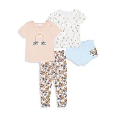 Little Girl's 4-Piece Rainbow Floral T-Shirt, Leggings and Shorts Set