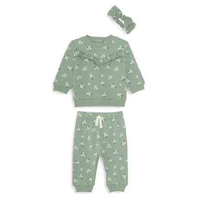 Baby Girl's 3-Piece Printed Top, Joggers and Headband Set
