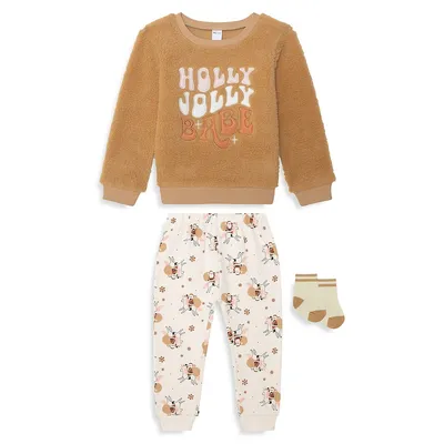 Baby Girl's 3-Piece Holly Jolly Sweatshirt Set