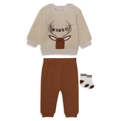 Baby Boy's 3-Piece Faux-Shearling Christmas Sweatshirt, Joggers & Socks Set