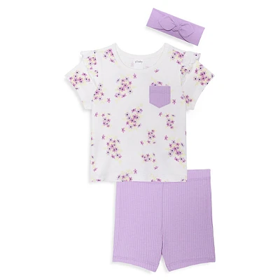 Little Girl's 3-Piece Floral T-Shirt, Shorts & Headband Set