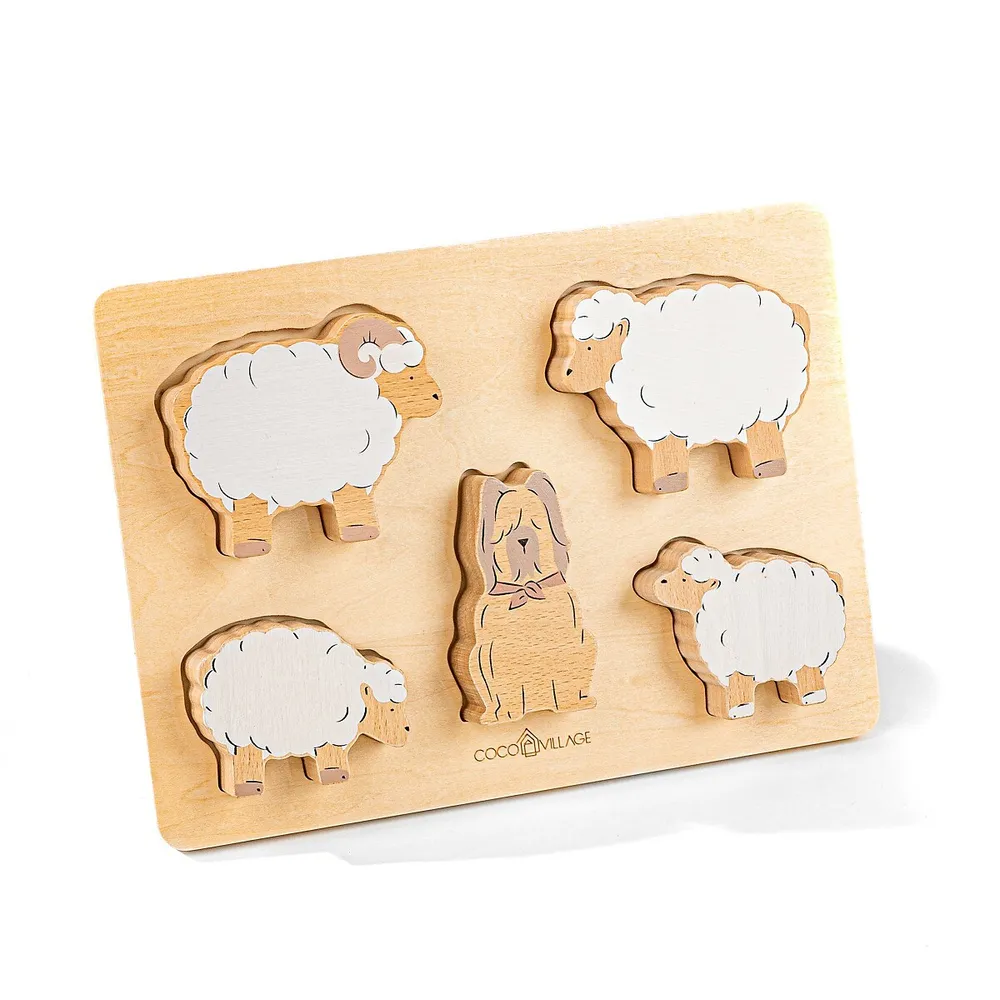 Set Of 5 Sheperd Animals On Wooden Plate