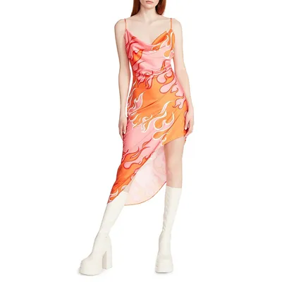 Aulora Asymmetrical Flame-Print Dress