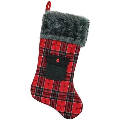 20.5" Red And Black Plaid Christmas Stocking With Pocket And Faux Fur Cuff