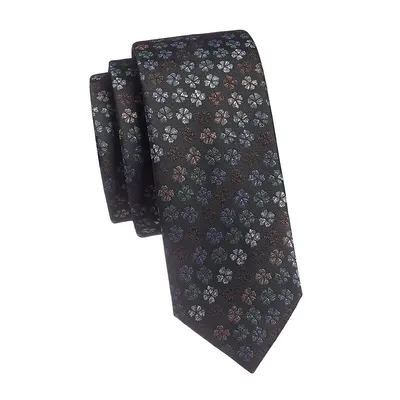 Cravate étroite à petites rayures et motif floral