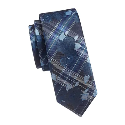 Cravate étroite à motif floral à carreaux
