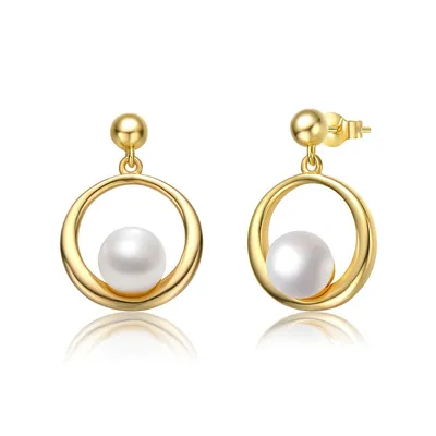 Sterling Silver 14k Yellow Gold Plated With White Freshwater Pearl Eternity Circle Halo Dangle Earrings
