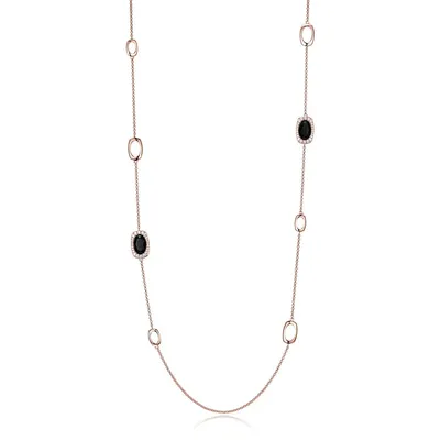 Rose Gold-plated Sterling Silver Genuine Black Agate & Cubic Zirconia Station Long Necklace