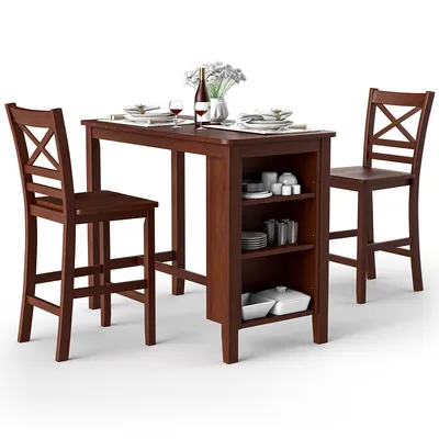 3pcs Counter Height Pub Dining Table Set W/ Storage Shelves&2 Bar Chairs