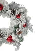 Flocked Pine With Red Ornaments Artificial Christmas Wreath, 24-inch, Unlit