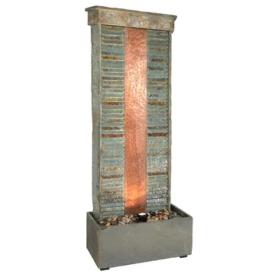 Rippled Slate Indoor Water Fountain With Copper & Spotlight - 48-inch