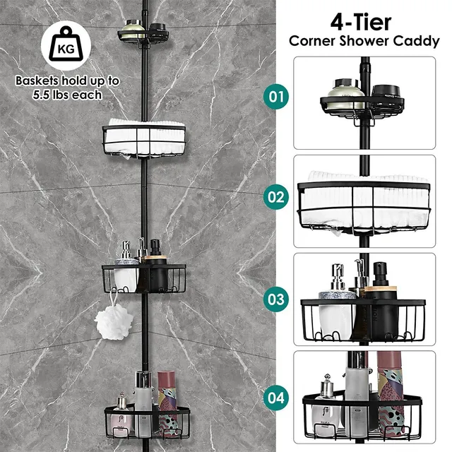 Costway 4-Tier Tension Corner Shower Caddy Aluminum Pole Adjustable Bathroom Shelves