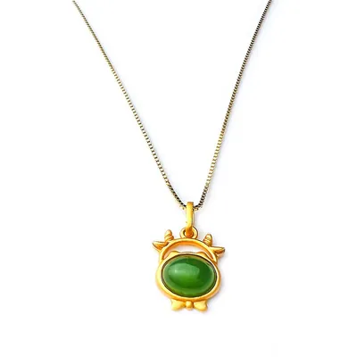 Natural Jade Sacred Cow Pendant And 18k Gold Plated Necklace