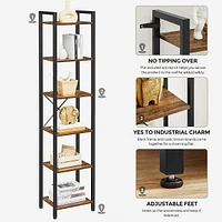 6-tier Tall Narrow Bookshelf Bookcase With Steel Frame And Rustic Industrial Look