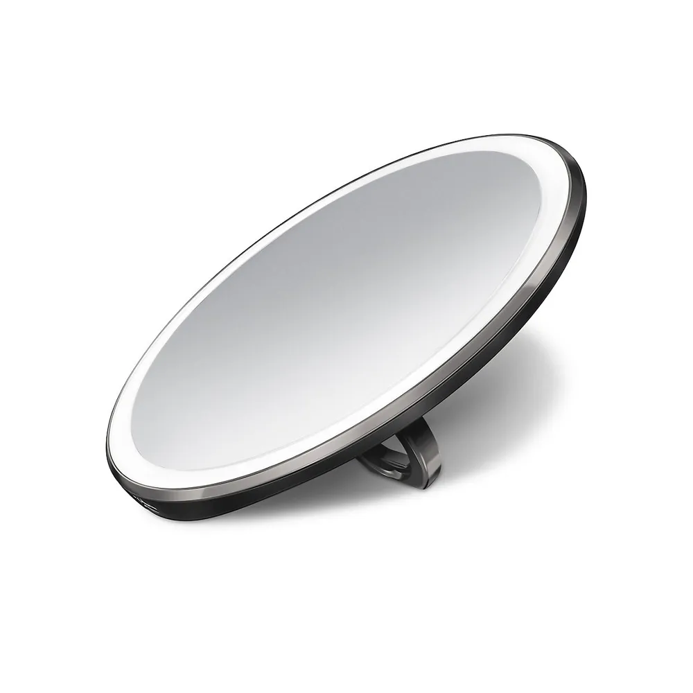 Miroir de maquillage compact à éclairage DEL avec poignée à anneau en acier inoxydable