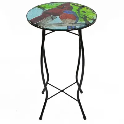 19" Blue And Red Cardinal Glass Patio Side Table