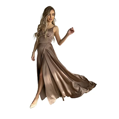 V-neck A-line Satin Gown With A Slit