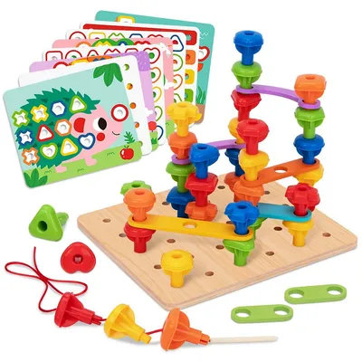 Peg Board Stacking Toy - 53pcs - Colour And Shape Matching Game With Lacing Beads, Learning Sensory Pegboard Set For Kids 3 Years Old +
