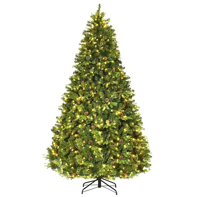 8ft Pre-lit Artificial Christmas Tree Hinged With 600 Led Lights & Pine Cones